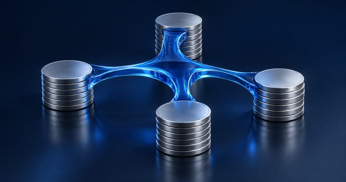 A glass bridge connects four metal coin stacks, suggesting regional currency access.