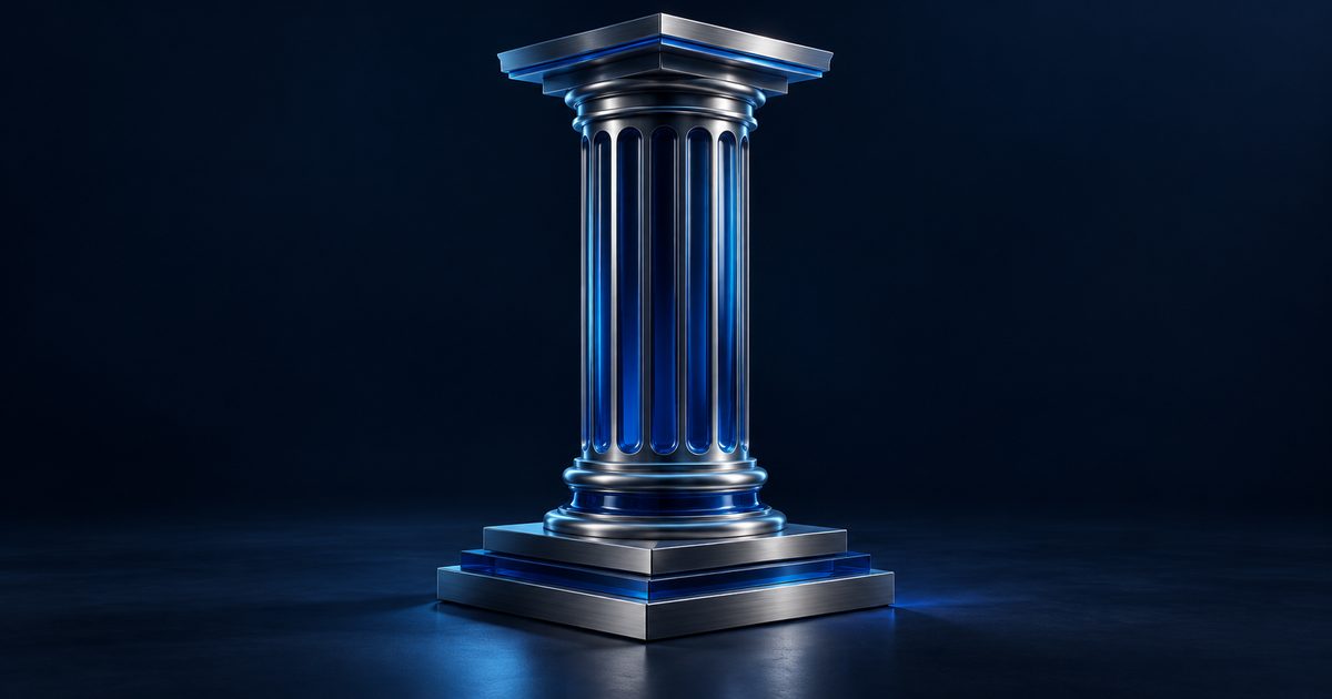 Solid abstract form in blue glass and metal