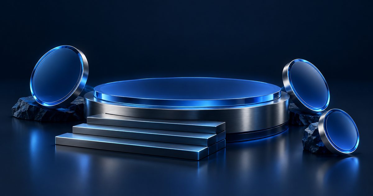 Abstract blue glass and metal shapes on a navy background