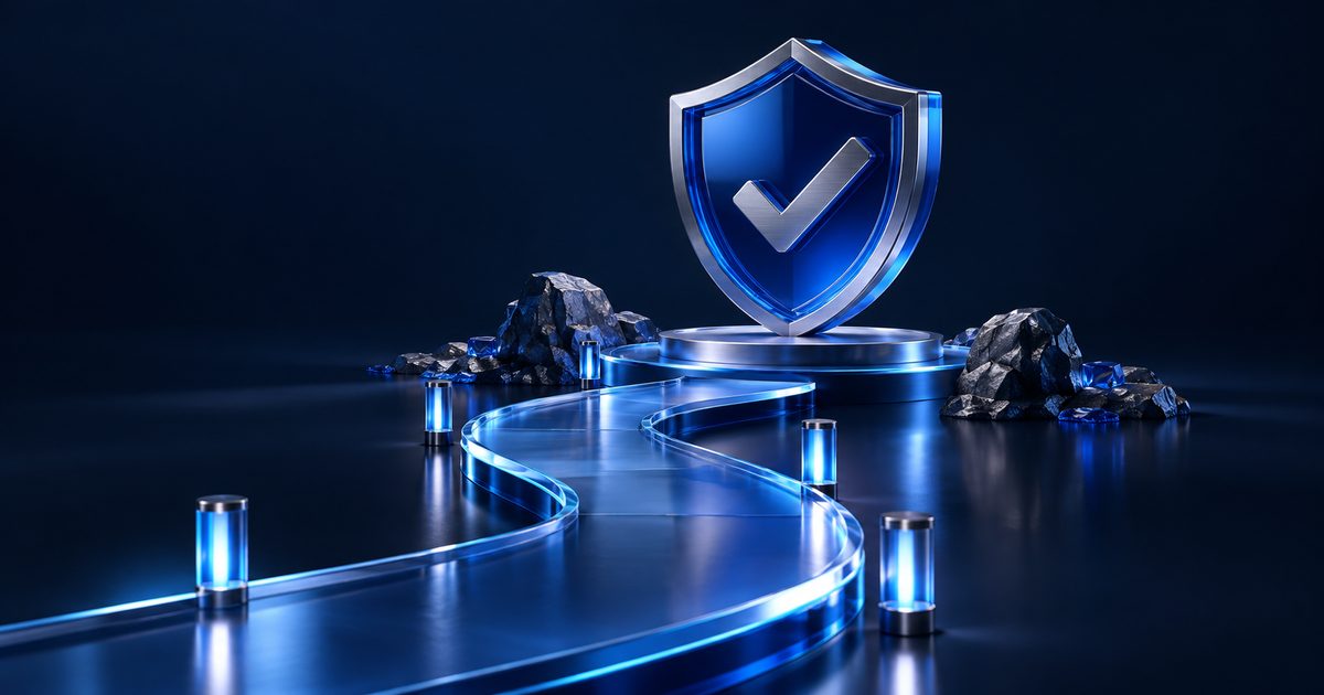 Abstract blue glass and metal shapes on a navy background