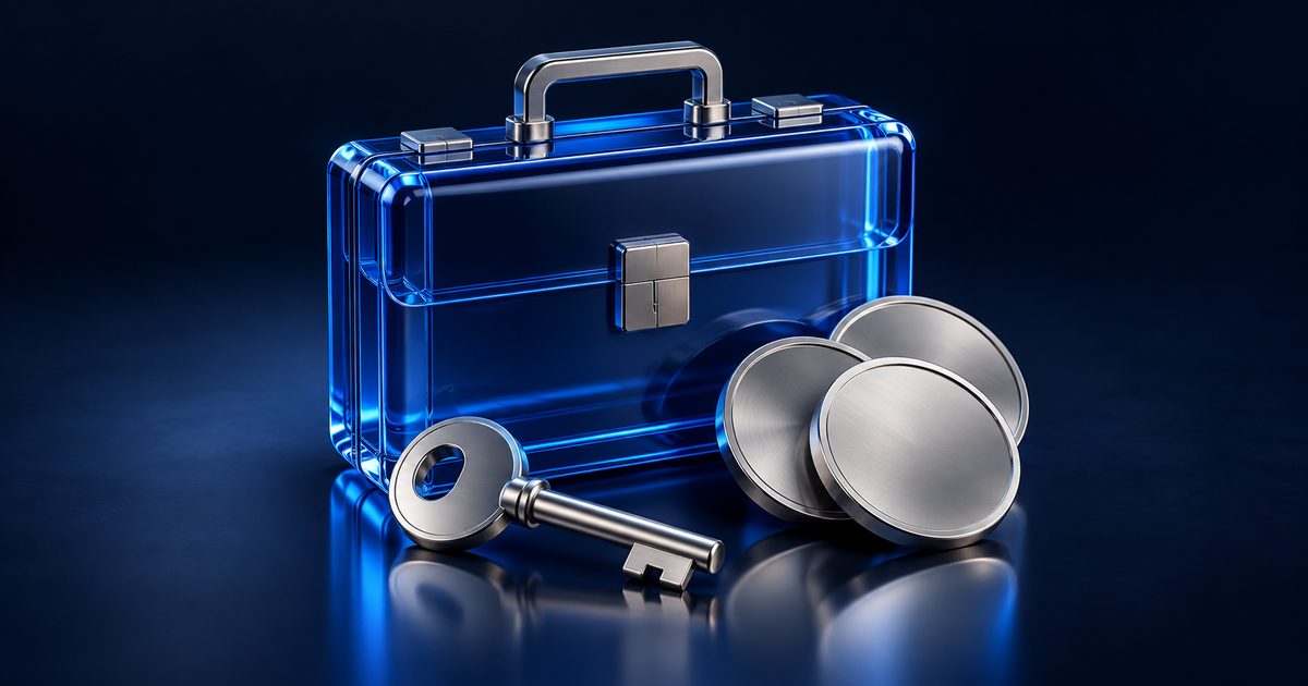 A glass portfolio case beside a metal key and layered coins suggests managed access to assets.
