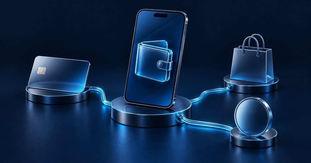 Abstract blue glass and metal shapes on a navy background