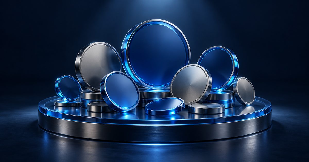 Abstract blue glass and metal shapes on a navy background
