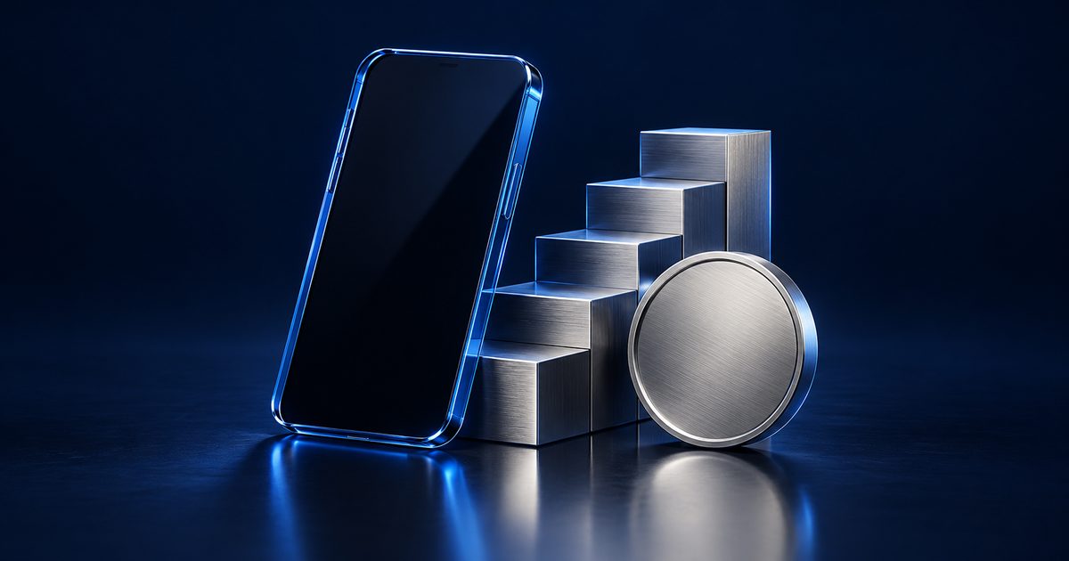 A glass phone stands beside metal order book steps and a coin, suggesting local trading.