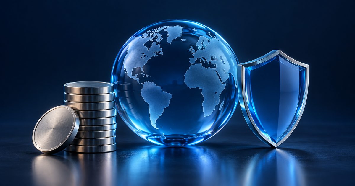 A glass globe between a metal coin stack and a glass shield suggests regional access and protection.
