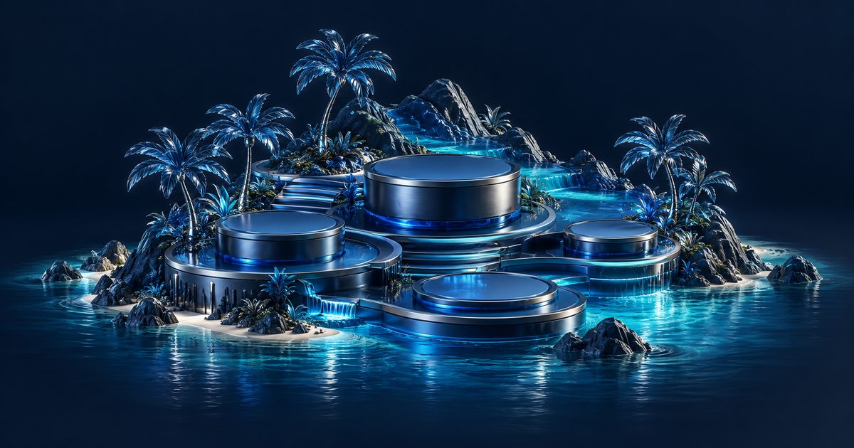 Abstract blue glass and metal shapes on a navy background