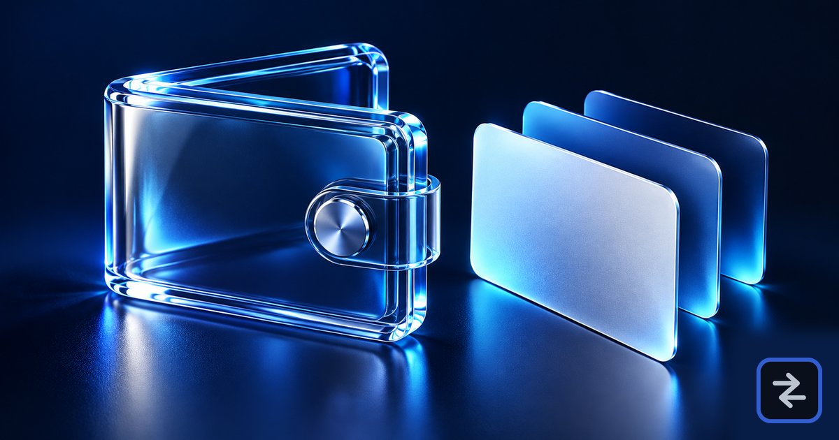 A glass wallet and blank payment cards illustrate a crypto account against a dark blue background.