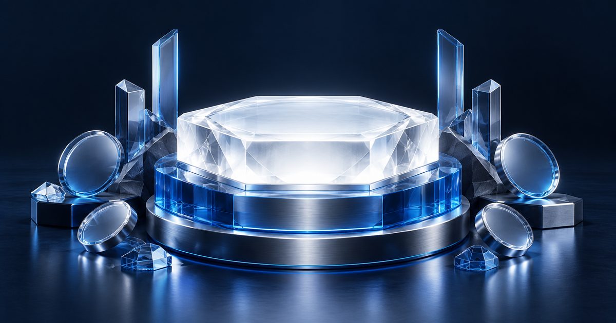 Abstract blue glass and metal shapes on a navy background