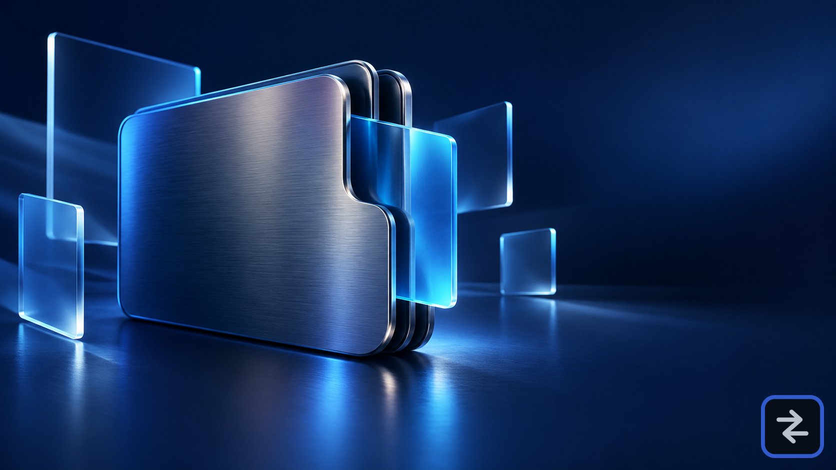 Layered metal wallet form with a cyan glass panel and floating blue panes on a dark navy background